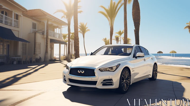 White Infiniti Sports Car by the Sea - Social Commentary and Grandiose Architecture AI Image