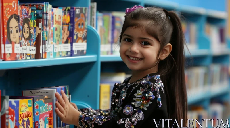 Young Girl in Library: Captivating Moment of Joy and Knowledge AI Image