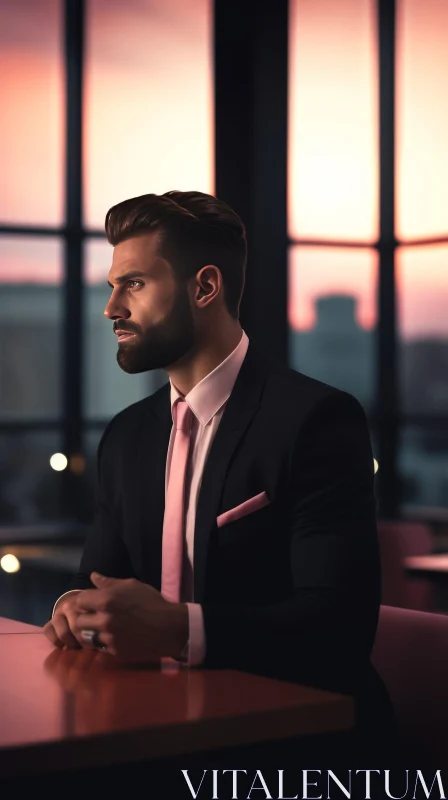 Young Man at Bar Counter with Pink Tie and Black Suit AI Image
