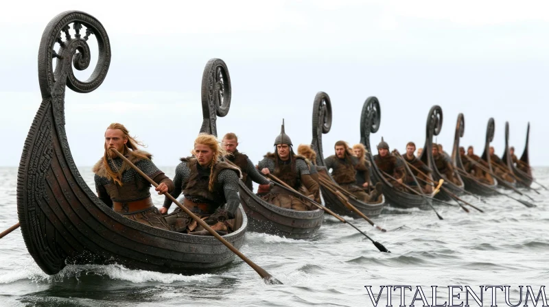 Ancient World: Vikings Rowing in the Sea - Captivating Image AI Image