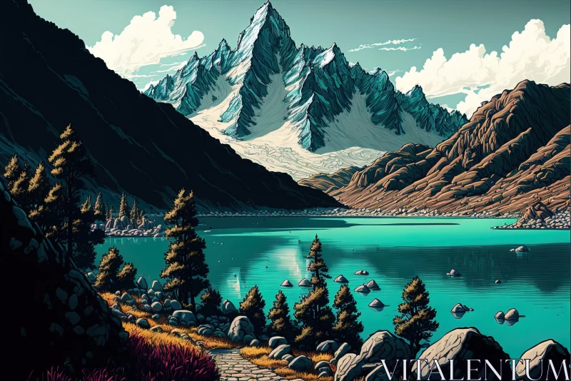 Captivating Digital Art Illustration: Blue Water and Mountain View AI Image