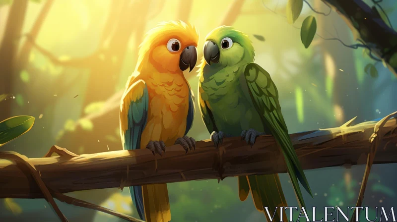 Colorful Parrots Digital Painting in Jungle Setting AI Image