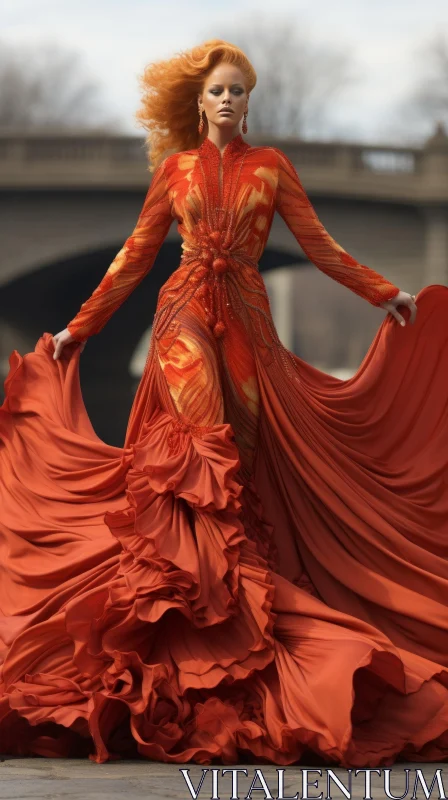 Elegant Woman in Orange Dress on Bridge AI Image