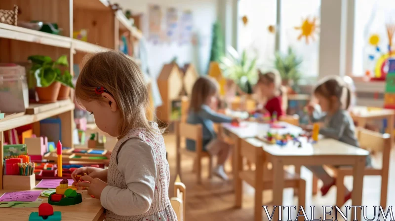 Engaging Montessori Classroom: Child Building with Blocks AI Image
