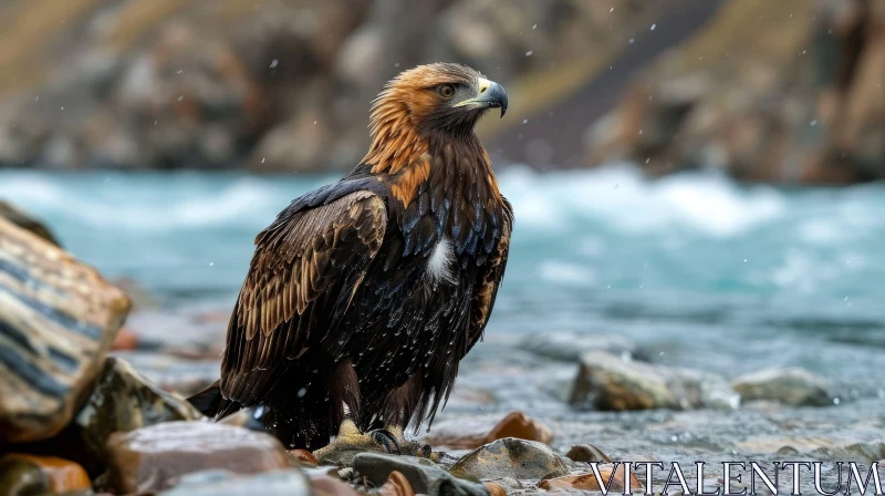 AI ART Majestic Golden Eagle Standing on Rock in River