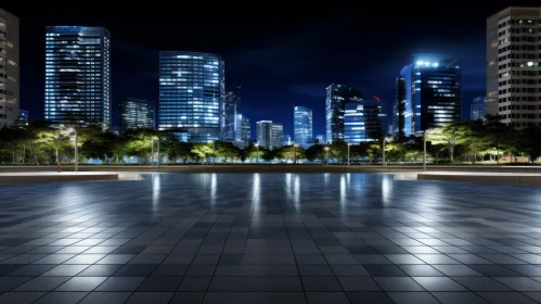Night Cityscape with Skyscrapers and Plaza