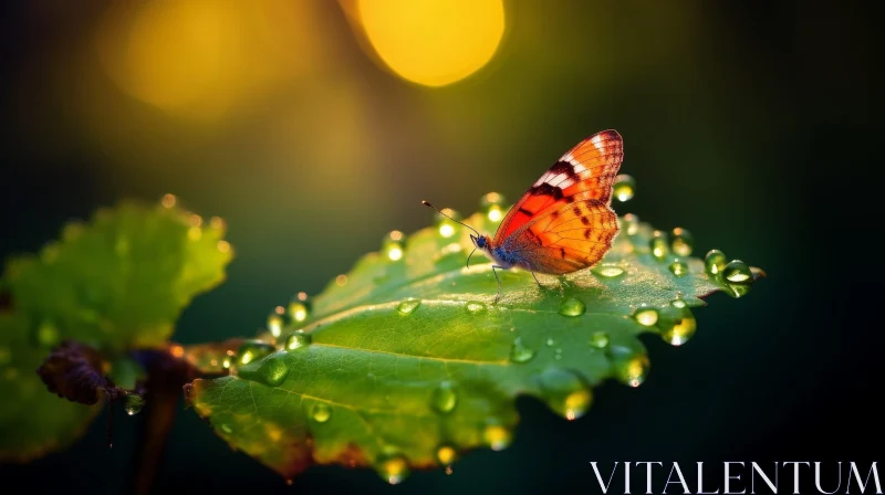 AI ART Orange Butterfly on Green Leaf with Water Droplets