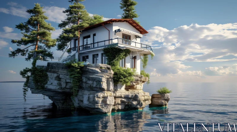 Serene House on a Rock in the Ocean | Tranquil Beauty AI Image