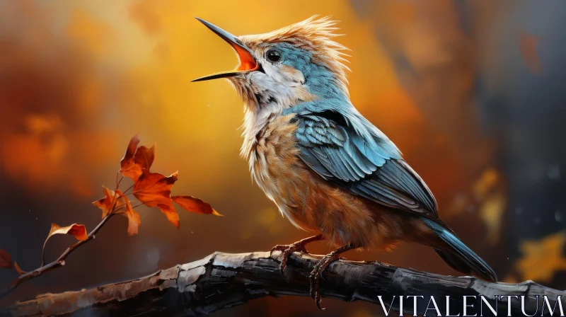 Singing Blue Bird on Branch Painting AI Image