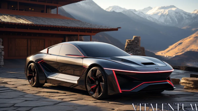 Sleek Futuristic Car in Front of Chinese House AI Image