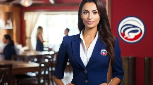 Smiling Young Woman in Blue Suit | Restaurant Scene