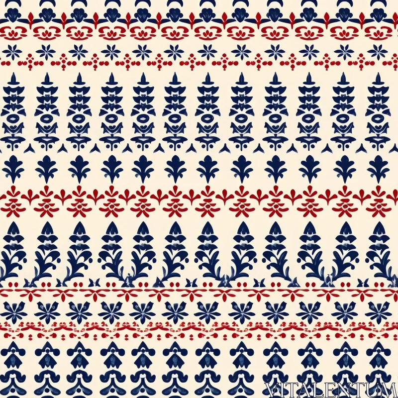 Traditional Folk Design Seamless Pattern in Blue, Red, White AI Image