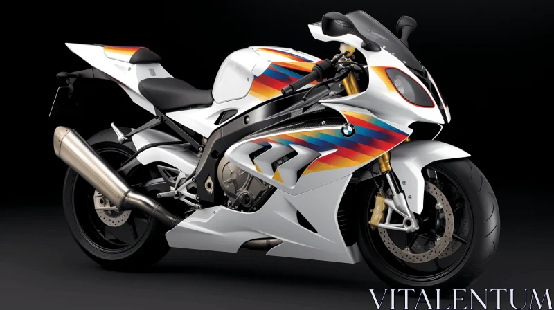 White BMW Motorcycle with Bold Curves and Graphic Design-Inspired Illustrations AI Image