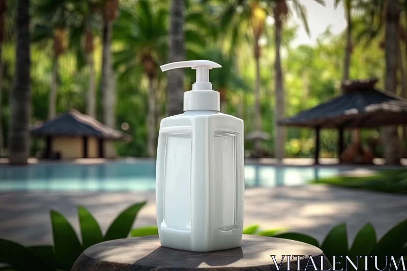 AI ART White Hand Cream Bottle Near Pool - Realistic Tropical Symbolism
