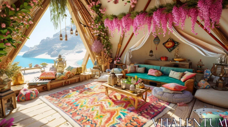 Bohemian Tent in Nature: A Serene Retreat with Mountain and Sea Views AI Image