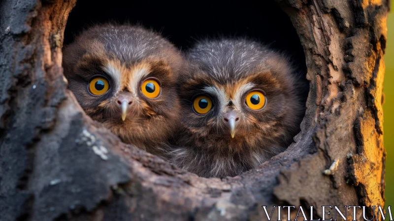 AI ART Curious Owl Chicks in Tree - Wildlife Photo