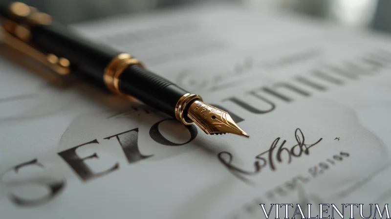 Elegant Black and Gold Fountain Pen on White Paper AI Image