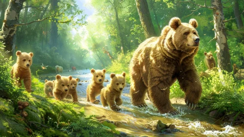 Mother Bear and Cubs in Forest Painting