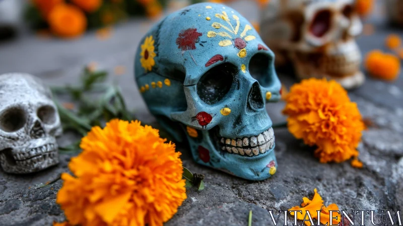 Painted Skull with Marigold Flowers - A Captivating Still Life AI Image