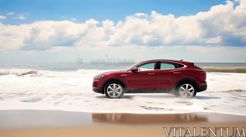Red SUV Driving on the Beach near the Ocean | Lifelike Renderings AI Image