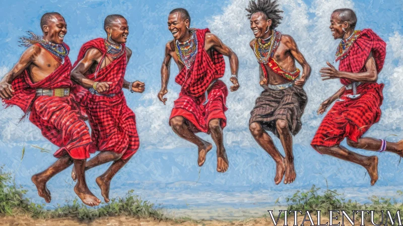 Vibrant African Men Jumping in Traditional Clothing | Joyful Cultural Celebration AI Image