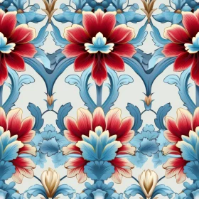 Vintage Floral Pattern - Red, Blue, Cream Flowers on White Background