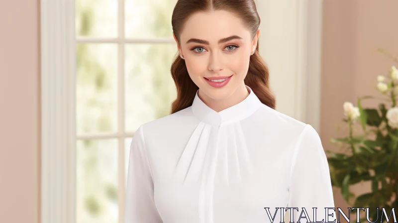 Young Woman Portrait in White Blouse AI Image