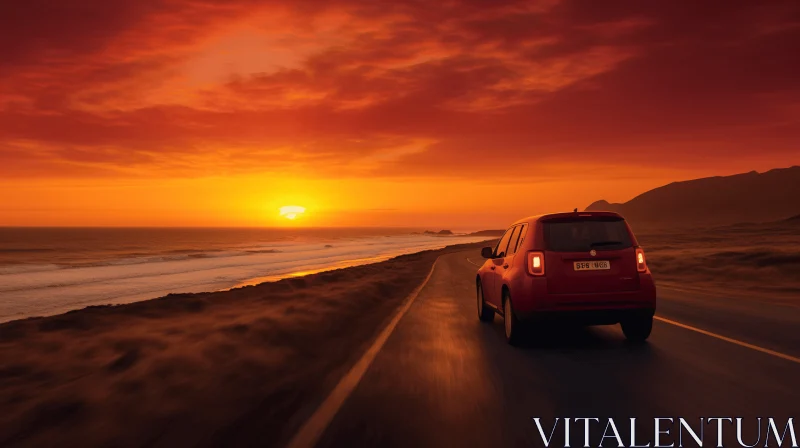 A Serene Sunset Journey: Red Car Travels on a Rough Road AI Image