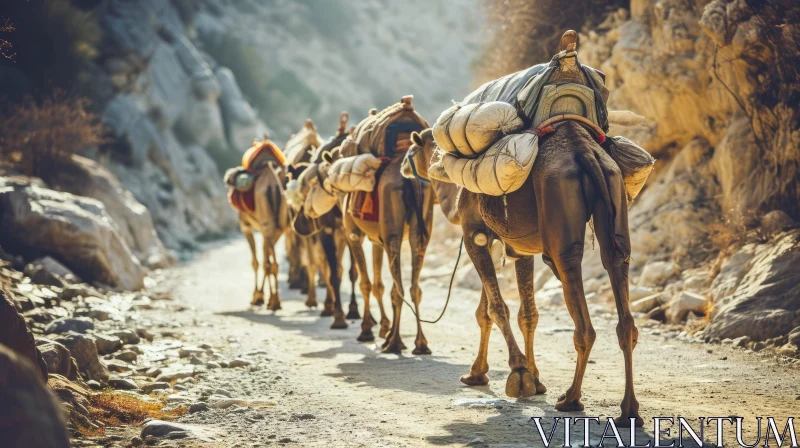 AI ART Camel Caravan Walking Along Rocky Path in the Desert