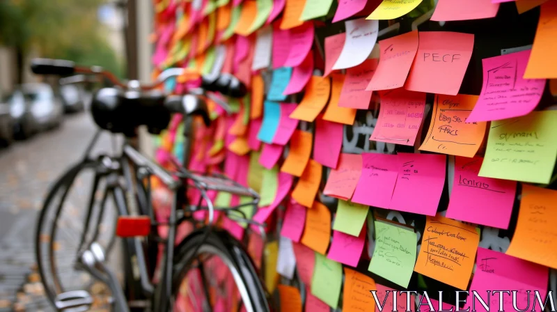 Colorful Sticky Notes and Bicycle Against a White Brick Wall AI Image