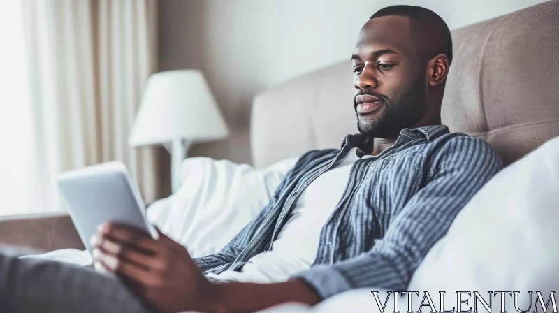 Enigmatic African-American Man Immersed in Book on Hotel Room Bed AI Image