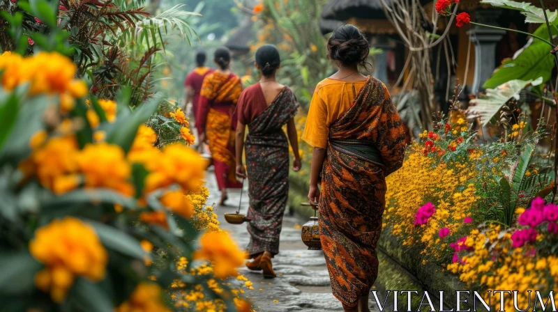 Exquisite Balinese Women Walking Along a Flower-Lined Stone Path AI Image