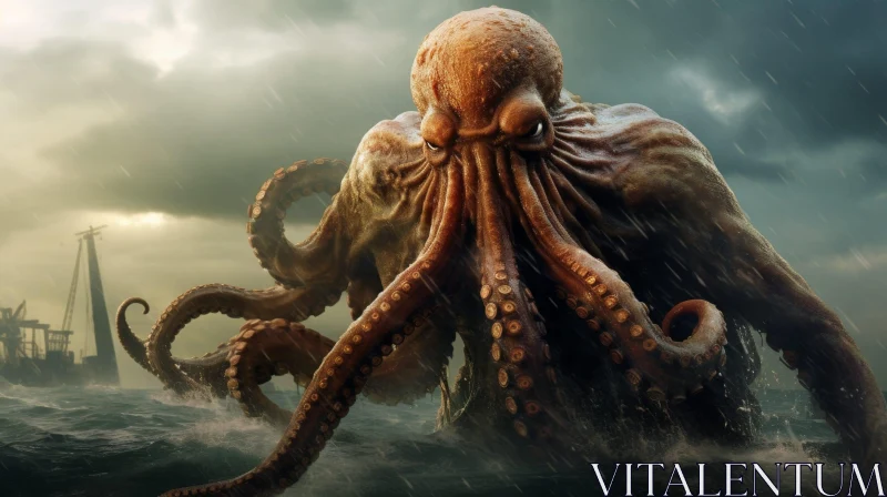 Giant Octopus Digital Painting in Stormy Sea AI Image