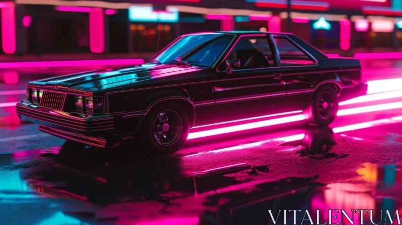 Glowing Pink Neon Lights Retro Car in Cityscape AI Image