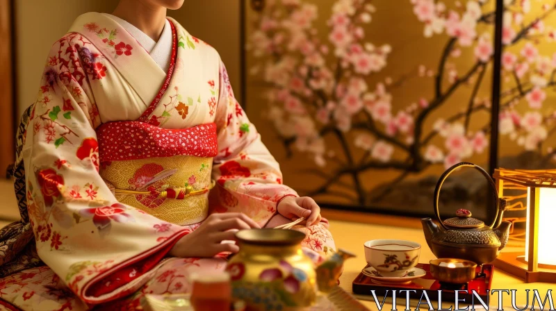 Graceful Woman in a Floral Kimono: A Japanese Art Masterpiece AI Image