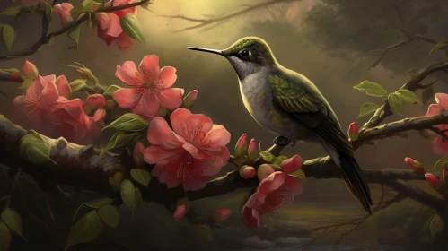 Hummingbird on Flowering Tree Painting