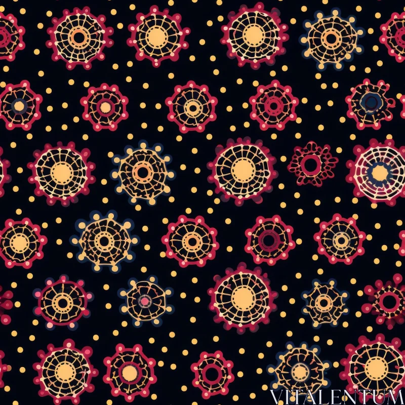 Red, Yellow, Blue Floral Pattern on Black Background AI Image