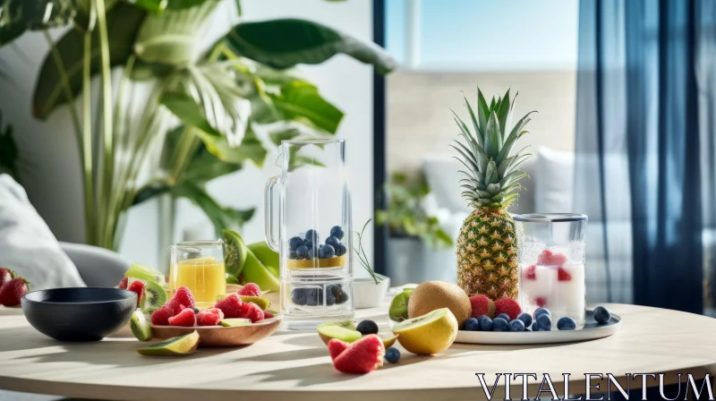 Refreshing Fruit Table Setting with Drinks AI Image