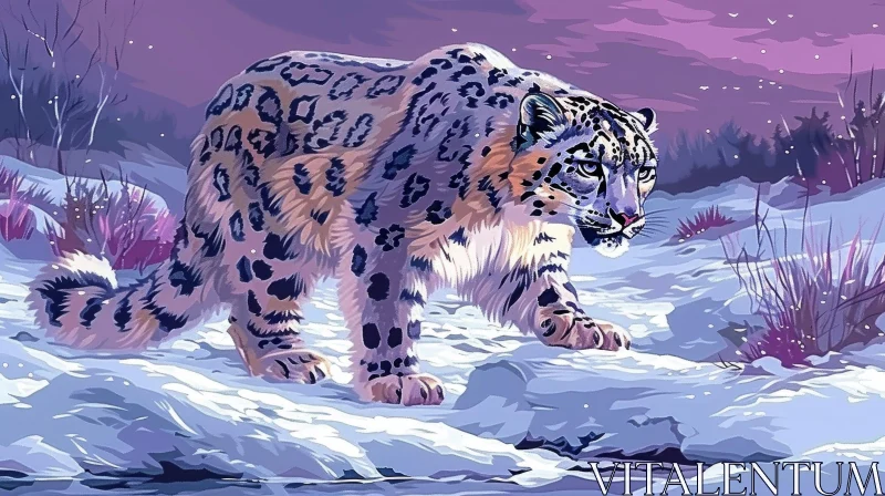 Snow Leopard Painting in Winter Landscape AI Image