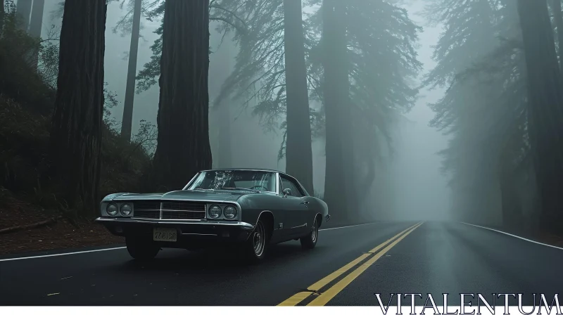 Vintage Chevrolet Impala Driving Through Mysterious Forest AI Image