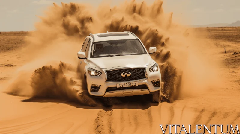 White SUV Driving Through Desert with Intense Gaze - Action Scene AI Image