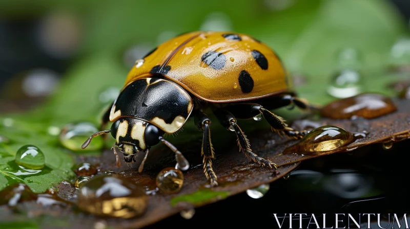 AI ART Yellow Ladybug on Green Leaf with Water Droplets