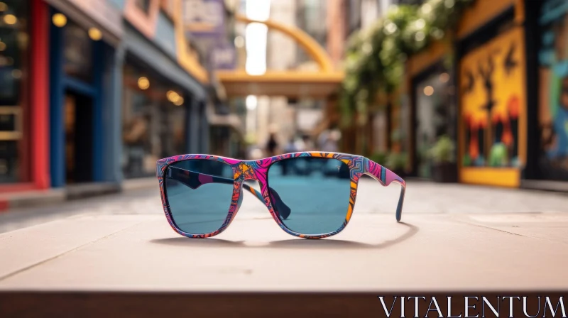 AI ART Blue Plastic Sunglasses on Wooden Table Outdoors