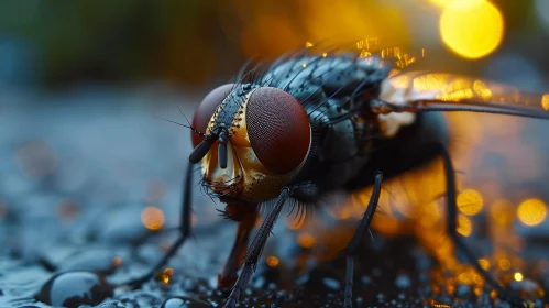 Close-up Macro Photography of a Black Fly on Wet Surface