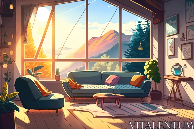 AI ART Cozy Living Room with Mountain View - Warm Tones and Vibrant Scenes