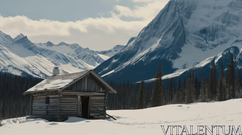 Enchanting Winter Landscape with Log Cabin and Snow-Capped Mountains AI Image