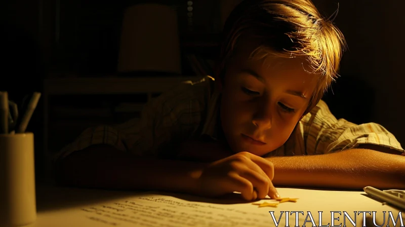 Enigmatic Photo of a Boy in a Dimly Lit Room AI Image