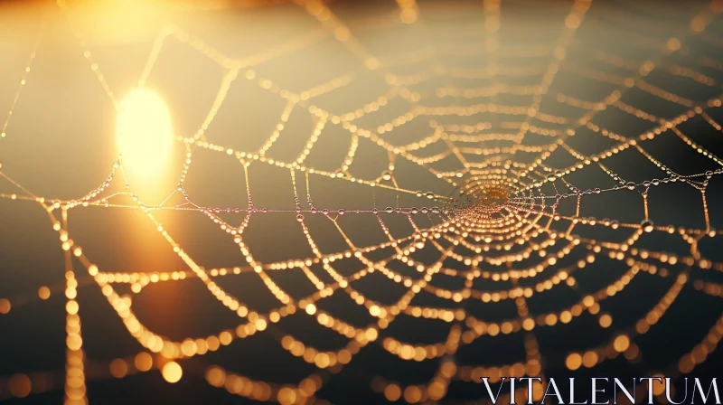 AI ART Golden Spider Web with Dew Drops - Nature Close-Up