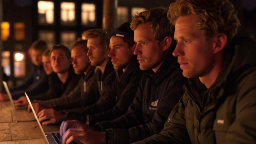 Intense Moment: Young Men Gathered Around a Laptop in a Dimly Lit Room