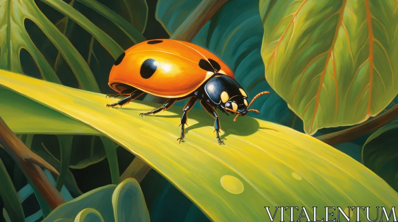 Ladybug on Green Leaf Painting AI Image